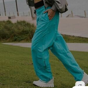 Free People FP Movement Teal Blue Mesmerize Me Cargo Pants Logo Trim Small NWT